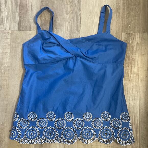 Ann Taylor Loft Top Womens Blue Blouse White Embroider Eyelet Circle Shirt Sz 10 - Picture 10 of 13